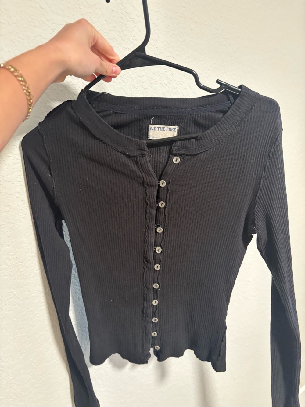 We The Free Black Ribbed Button-Up Long Sleeve Top